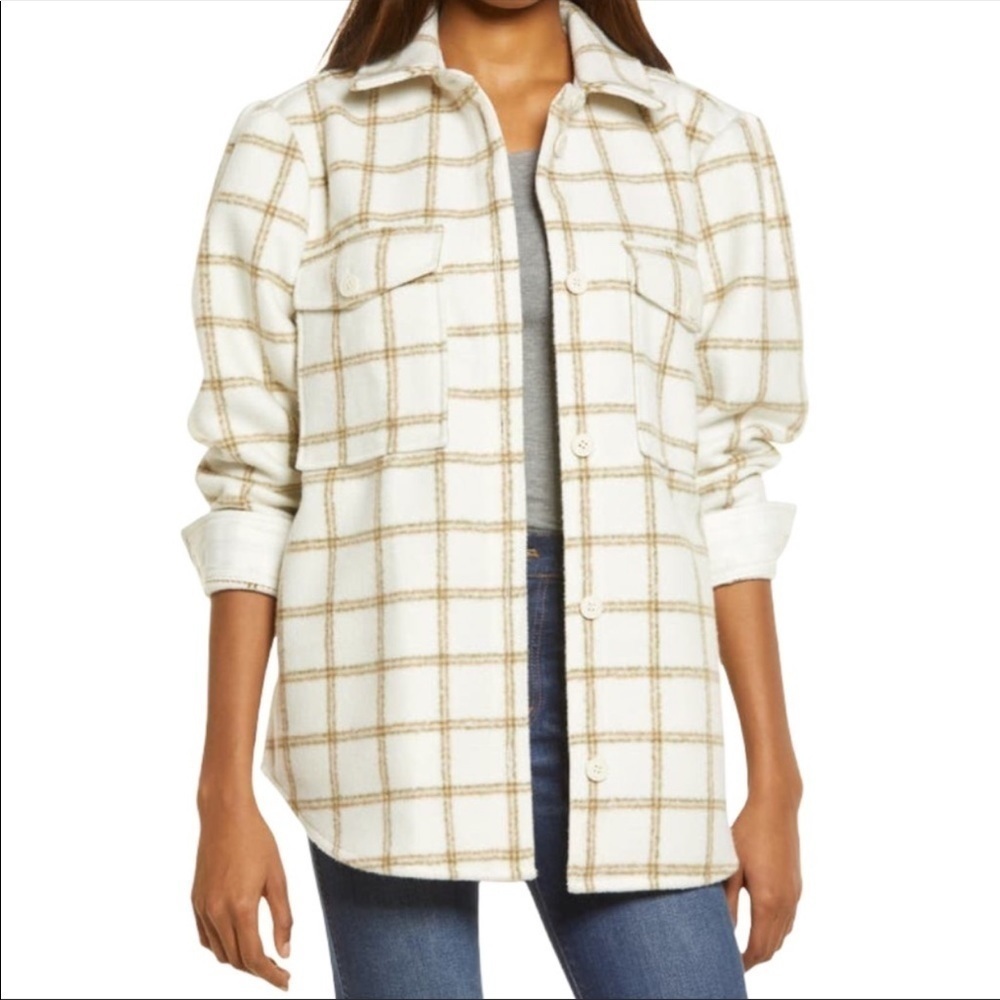 NWT Nordstrom Treasure & Bond Plaid Puff Sleeve Shirt Jacket Long Sleeve Large